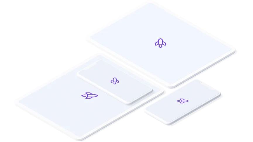Mockup van desktop, tablet en smartphones met raket-icoontje op elk scherm﻿