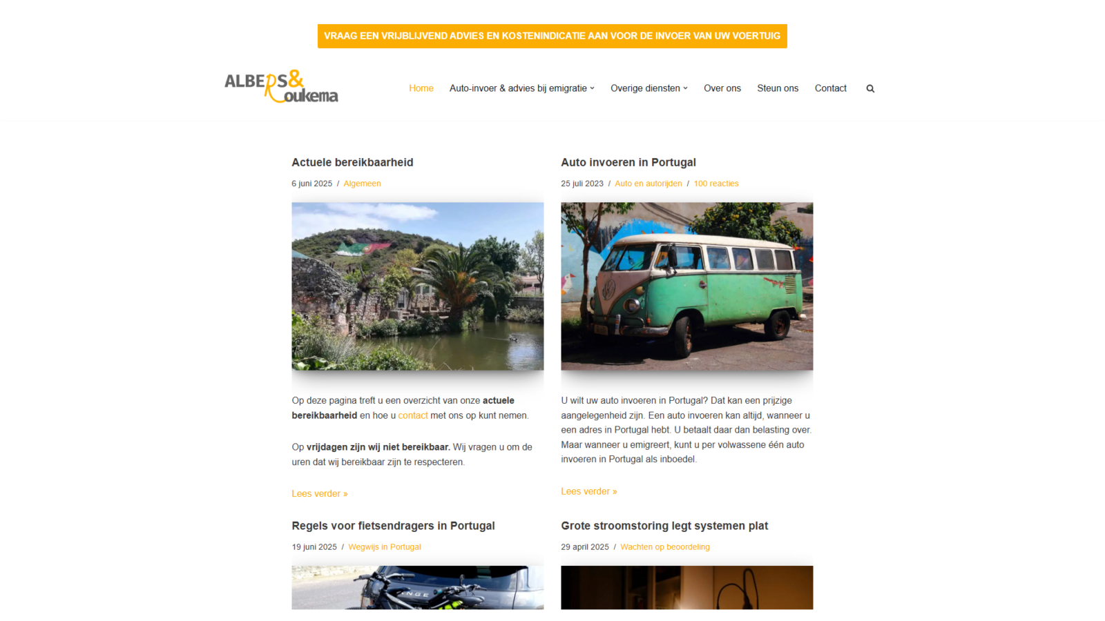 Screenshot van de homepage van onze website albers-roukema.pt, met actuele informatie en praktische uitleg over autoinvoer, emigratie en administratieve processen in Portugal.