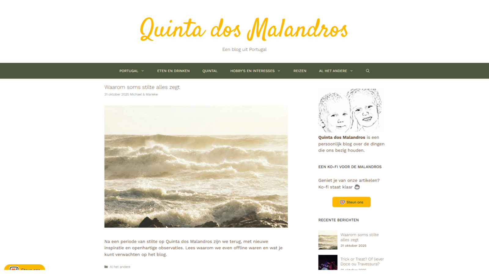 Screenshot van de homepage van ons eigen WordPress-blog Quinta dos Malandros, met verhalen en tips over leven en cultuur in Portugal.